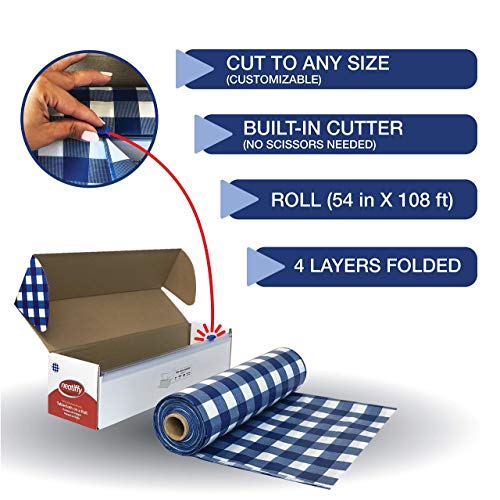 Neatiffy Disposable Plastic Table Cloth Roll | 54 in x 108 Ft Waterproof Tablecloth | Table Cover for Rectangle, Square, Round Oval Tables | Picnic, Party, Banquet, Birthdays, Weddings - Blue Gingham - color: Blue Gingham