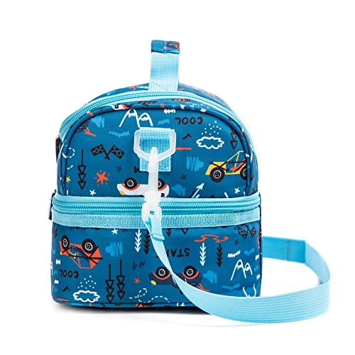 Insulated Kids Dual Compartment Lunch Bags Tote Pack for Girls Boys Toddler Kindergarten School Picnic Food Cooler Boxes with Shoulder Strap (Blue Car) - color: Blue Car