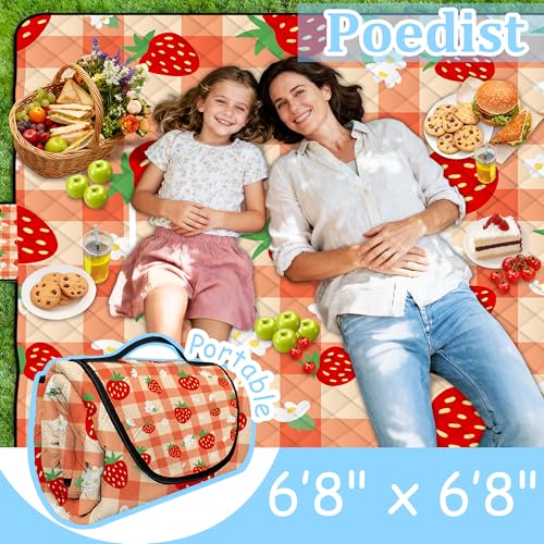 Extra Large Picnic Blanket Waterproof,80"x 80"Foldable Machine Washable Beach Blanket,Outdoor Blanket for 6-8 Adults,Suitable for Indoor Crawling,Park Beach,Camping,Hiking,Family Travel(Orange) - color: Orange Strawberries, size: 6'8" x 6'8" (Square)