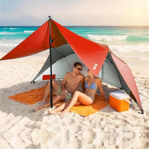 HOMEDEMO Beach Umbrella Tent (9.5ft, Red) with Fan Canopy, 3-in-1 Umbrella Shade Shelter for Beach, Picnic, Bleacher, Sports Games - style: Red