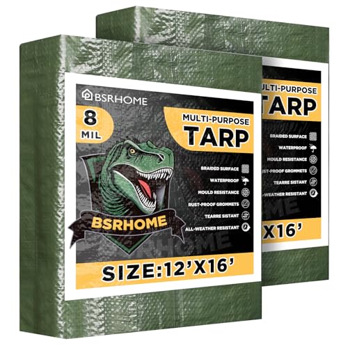 Tarps Waterproof 12x16 Feet, 2 Pack Heavy Duty Green Tarp Cover 8 Mil Thick, Resistant Plastic Tarpaulin with Metal Grommets, Outdoor Tent Cover for Emergency Rain - color: Green-8mil, size: 12'x16' 2pk