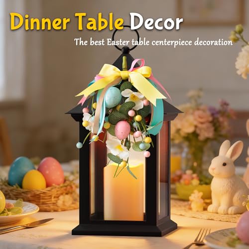 JOIONE Easter Lanterns Decorative Indoor, 2 Packs 14" Battery-Powered Waterproof Black LED Candle Lanterns with Timer for Patio & Outdoor, Hanging Lantern for Easter Party Decorations, Transparent - style: Easter Decorative Lantern