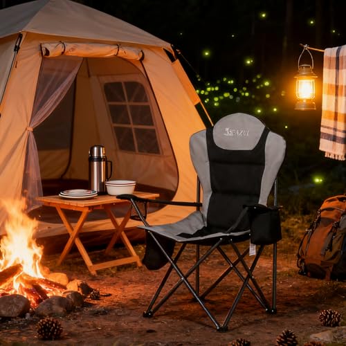 Camping Chairs for Adults, Heavy Duty Camping Chairs 2 Pack, Folding Chairs for Outside, Support 380 LBS, Portable Travel Outdoor Camp Chair with Cup Holder & Cooler Bag, Sports Chairs for Baseball - color: Black, size: 2 PCS