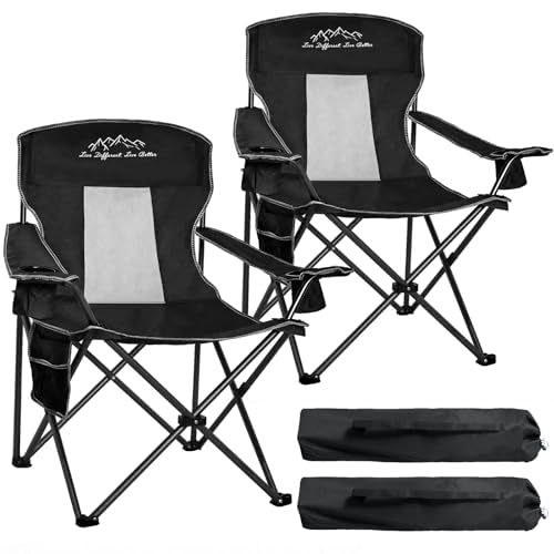 Outdoor Folding Camping Chair with Cup Holder, Storage Bag, Large Anti-Sink Feet, 400lbs Capacity, 2 Pack Breathable Mesh Portable Chair for Camping, Beach, Fishing, Sports, Black 2Pack - color: Black, size: 2 Pack