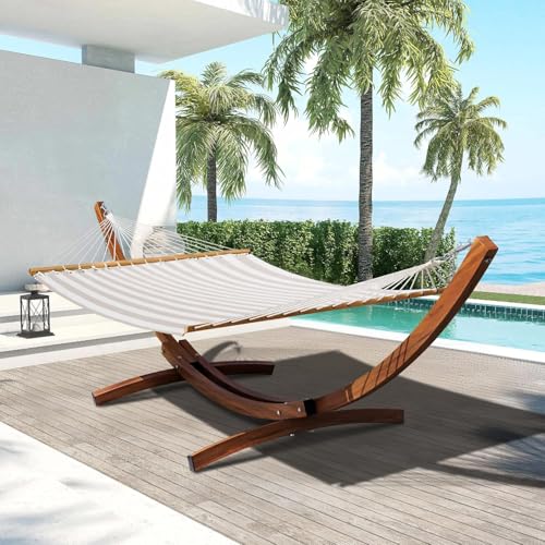 Lazy Daze Hammocks 12 FT 2 Person Double Quick Dry Textilene Hammock with Curved Steel Heavy Duty Stand for Outside, Backyard, Patio, 450 Lbs Capacity, Beige White Stripes - color: Beige White Stripes