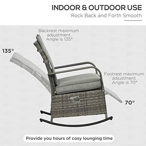 Outsunny Wicker Outdoor Rocking Chair, Patio Recliner with Adjustment Backrest, PE Rattan Lounge Chair with Adjustable Footrest and Cushions for Garden, Backyard, Porch, Gray - color: Grey