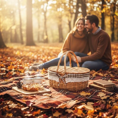 Wicker Picnic Basket with Lid and Handle Sturdy Woven Body with Washable Lining,Coffee Grids - color: Coffee Grids