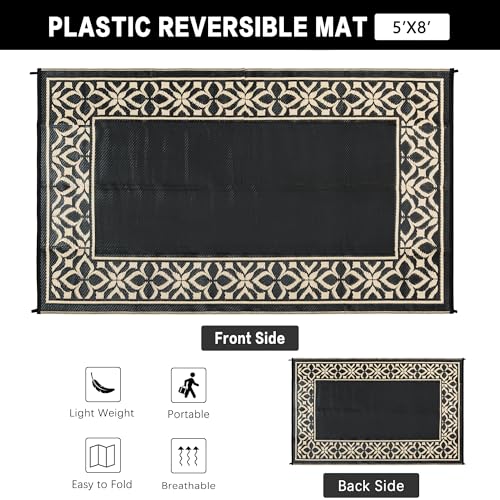 PureCozy Outdoor Plastic Straw Rug Black Beige Large Outside Waterproof Outdoor Patio 5x8 Carpet Geometric Reversible Mat Modern for Camping RV Porch Deck Balcony Beach - color: Geo | Black Beige, size: 5' x 8' (Rectangular)