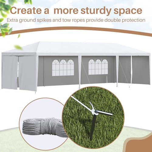 Greesum 10x30 Outdoor Canopy with with 6 Side Removable Walls, Patio Camping Heavy Duty Gazebo Shelter for Party Wedding BBQ Events, Waterproof Tent, White