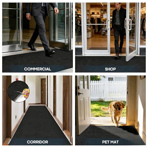 3'x10' Heavy Duty Commercial Grade Door Floor Mat, High Traffic Non-Slip Rubber Backing Door Mat for Entryway, Low Profile Striped Washable Entrance Runner for Office/Garage,Black - size: 3' x 10' (Rectangular)