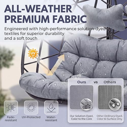 BLUEXYARD 2 Person Wicker Egg Chair with Stand, Extra Large Hanging Swing Hammock Chair Outdoor, Comfortable Patio Double Loveseat with Cushion for Backyard Balcony Indoor, Light Grey - color: Grey/Light Grey, size: 2 Seats (No Cover)