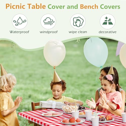 Picnic Table Cover with Bench Covers and Bag, Camping Essentials Camping Table Cover with Elastic Edges, Fitted Rectangle Tables and Seats - color: Light Red-vn