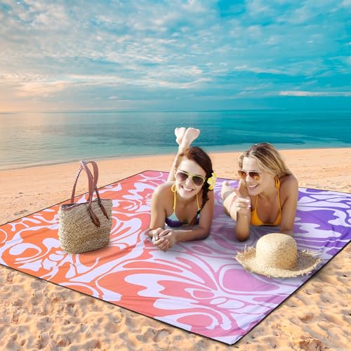 WIWIGO Beach Blanket Waterproof Sandproof Beach Mat 79" X 83"/10'x9'for 2-8 Adults Quick Drying Outdoor Picnic Mat Beach Accessories for Travel, Camping, Hiking - color: Big Flower-orange and Purple Gradient, size: 79" X 83"（1-4person）