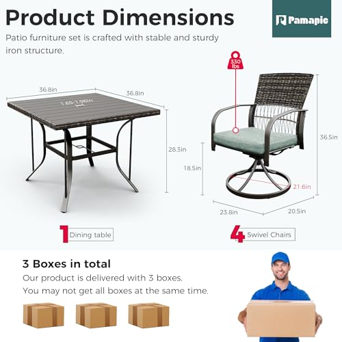 Pamapic 5-Piece Outdoor Dining Set with Swivel Chairs, Rattan Patio Furniture for Backyard, Deck, Garden, Weather-Resistant Iron Slats Table & 4 Chairs with Removable Cushions (Green)