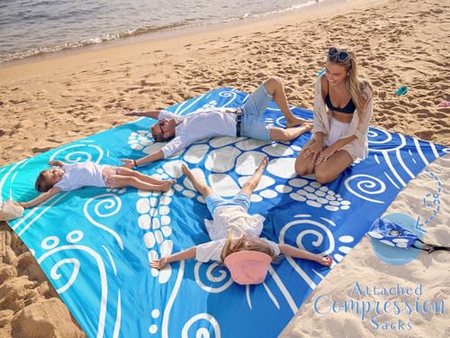 WEKAPO Beach Blanket Waterproof Sandproof Oversized Extra Large Sand Free Beach Mat with Stakes, Storage Bag - Essentials for Outdoor Beach, Picnic (Gradient Blue Sea Turtle, 11 X 9 FT (1~10 Person)) - color: Gradient Blue Sea Turtle, size: 11 X 9 FT (1~1