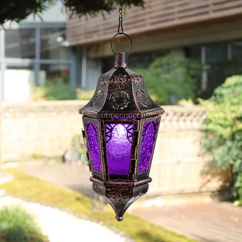 Moroccan Decorations Indoor, 13.6’’ Lantern Decorative Outdoor, Halloween Style Hanging Lantern with Chian for Home Porch Patio Decor, Vintage Metal Christmas Ramadan Candle Holders(Purple) - color: Purple