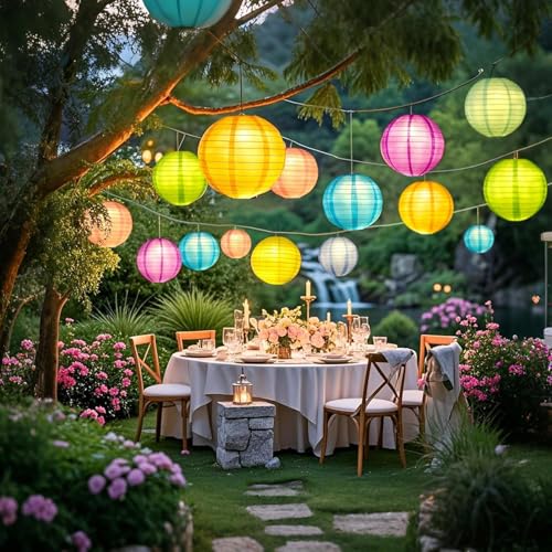 LIHAO 20PCS Colorful Paper Lanterns with Lights, Hanging Chinese Paper Lanterns for Party Decorations Weddings Birthday New Year Outdoor Home Indoor (6 inches) - size: 6 inches