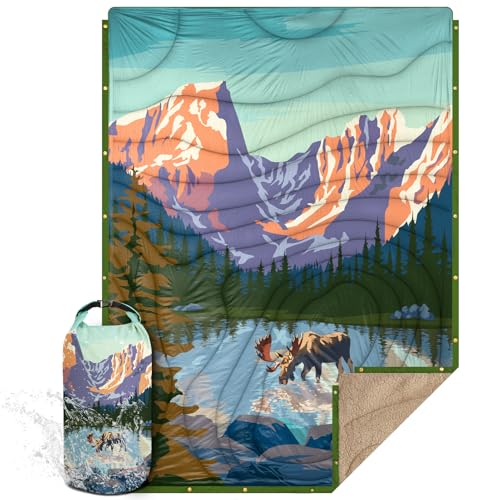 Outdoor Camping Blanket with Sherpa Lining, Extra Warm Thick Camp Blankets and Puffy Ultralight Soft Poncho DWR Camping Quilt for Cold Weather, Adventure, Sleeping, Backpacking 78"x 56" - color: Purple Deer Language, size: 78 x 56 inches
