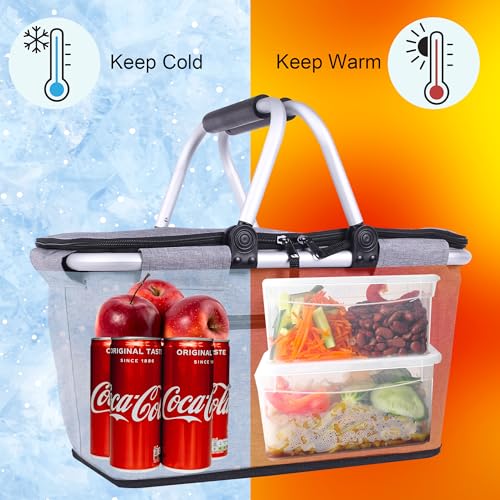 Picnic Basket, SIYUAN Collapsible Shopping Basket Insulated with 2 Handles 27L Large Cooler with Lid Portable Folding Grocery Market Tote Bag, Grey - color: Gray