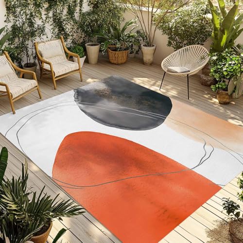 Outdoor Rug 6x9ft, Orange Color Block Abstract Geometric Indoor Area Rug for Patio Backyard Deck Large Floor Mat, Boho Nordic Style Non-Slip Outside Carpet Balcony Porch Camping Rugs Picnic Mat - size: 6' x 9' (Rectangular)