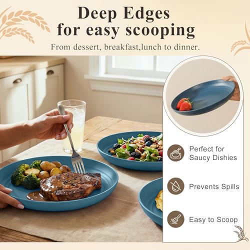 Deep Dinner Plates 10 Inch, Plastic Plates Reusable, Unbreakable Wheat Straw Plates Set of 8, Microwave and Dishwasher Safe Serving Plate for Main Course - Blue - color: Blue, size: 10 Inch