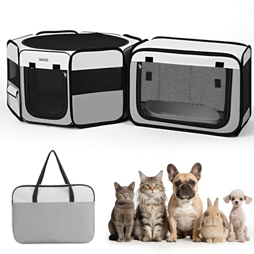 2-in-1 Portable Cat Playpen, [48 * 26 * 26in] Large Pet Playpen with Detachable Litter Box Enclosure Playpen, Pop-Up Indoor/Outdoor Puppy Kennel for Cats/Small Dogs/Rabbits, Foldable with Carry Bag