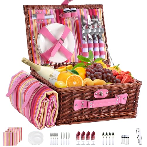 Picnic Basket Set for 4 with Waterproof Blanket Mat Insulation Bag Wicker Pink Stripe Classic Fresh Gift for Christmas Thanksgiving Wedding Birthday Camp Outdoor Beach Travel - color: Pink Stripes