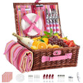 Picnic Basket Set for 4 with Waterproof Blanket Mat Insulation Bag Wicker Pink Stripe Classic Fresh Gift for Christmas Thanksgiving Wedding Birthday Camp Outdoor Beach Travel - color: Pink Stripes