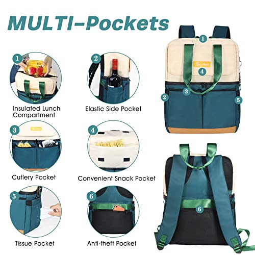 Scothen Backpack Cooler with Double Decker & 12 Ice Packs- Keeps 36 Cans Cold for Up to 24 Hours- Waterproof & Leak Proof Insulated Cooler Backpack- Stylish Cooler Bookbag for Women Travel Work Beach - color: Green