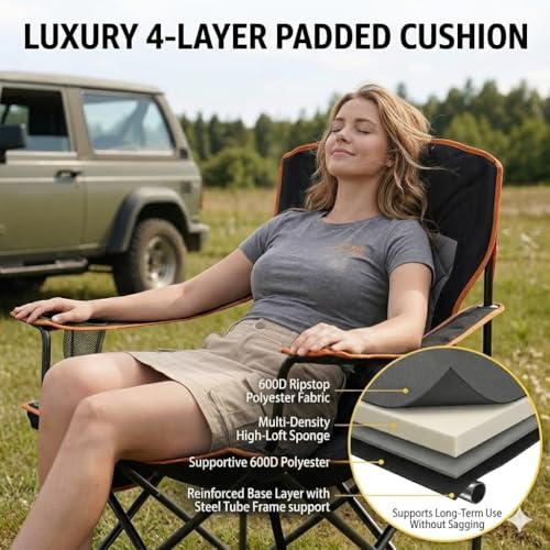 FAIR WIND 2 Pack Fully Padded Camping Chair 350LBS Capacity Heavy Duty Portable Chair with Cup Holder &Side Pocket Lawn Chair for Outside, Tailgating,Beach, Sports - color: Black, size: Twin Pack