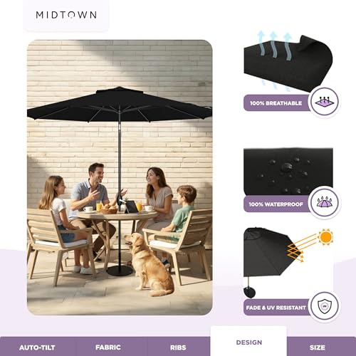 Midtown Umbrellas - 10-Year-No-Fade 6 Ft Patio Umbrella with Terylast Fabric, Auto-Tilt Aluminum Frame and 8 Reinforced Ribs for Deck, Pool, Garden & Beach - Ebony Black Canopy, Black Pole - color: Terylast Fabric - Ebony, size: 6 Foot