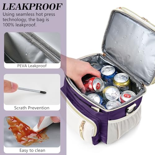 Lunch Box & Lunch Bag for Women, Large Insulated Adult Lunch Box Leakproof Lunchbox Cooler Bag for Work Picnic Beach,16L, Purple & White - color: Deep Purple