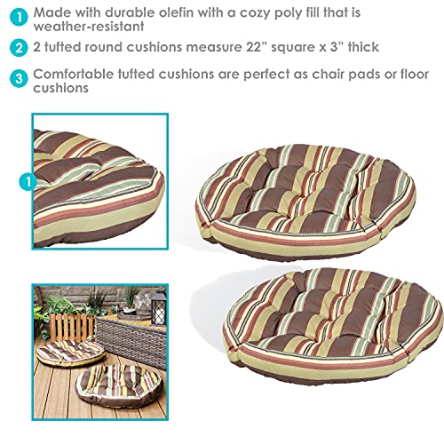 Sunnydaze Tufted Large Round Floor Cushion - Set of 2 - Unique Outdoor/Indoor Chair Cushions or Meditation Cushions - 300D Olefin with Polyester Fill - 22-Inch Diameter - Chocolate Stripes - color: Chocolate Stripes