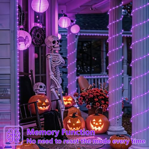 YEGUO Purple Solar Halloween Lights, 66ft 200 LED Solar Rope Lights Outdoor Waterproof, 8 Modes Fairy Lights in Clear Thin Tube - color: Purple