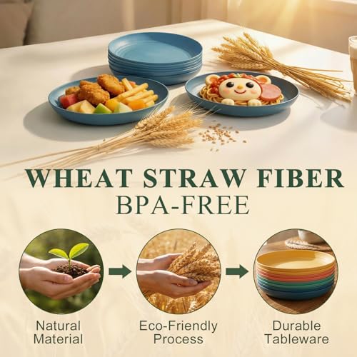 Deep Dinner Plate 8 Inch, Unbreakable Plastic Plate, Lightweight Wheat Straw Plates Set for 8, Microwave and Dishwasher Safe Salad Plates for Restaurant, Apartment, Dormitory - Blue - color: Blue, size: 8 Inch