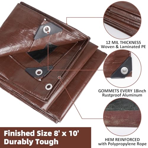 Heavy Duty Double-Sided Waterproof Poly Tarp 8x10 Feet 12mil Thick Polyethylene Tarps, Perfect for Outdoor Use, Plastic Cover & Mat for Tent Camping Storage Boat Bikes Vehicles - color: Darkbrown-12 Mil, size: 8' x 10' 1psc
