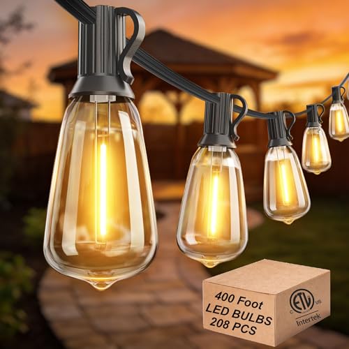 DAMAING Outdoor String Lights Weatherproof 400FT shatterproof connectable Patio Lights for Outside 4 Pack x 100FT with 208 Vintage dimmable LED Edison Bulbs,Hanging Lights for Garden,Balcony - color: Black, size: 400 Feet