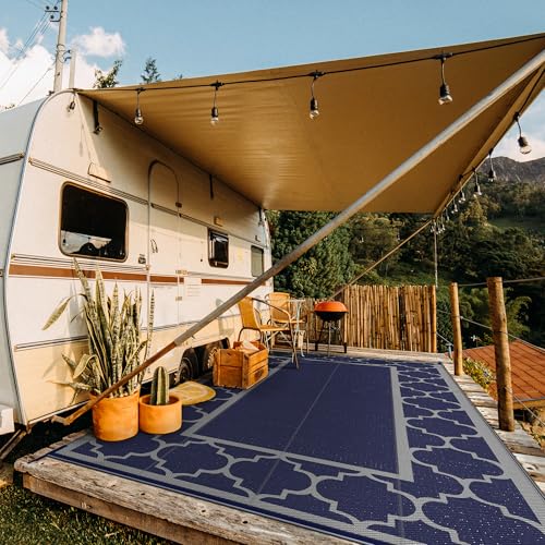 GENIMO 9 ' x 18 ' Outdoor Rug Waterproof for Patio Decor, Foldable Reversible Plastic Straw Area Rugs Mat for Camper, Outside Carpet for Rv, Deck, Porch, Picnic, Beach, Balcony, Blue & Grey - color: Blue & Grey, size: 9' x 18' (Rectangular)
