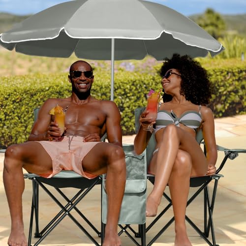 Outvita Folding Double Camping Chair w/Umbrella Beverage Holder Carrying Bag Cooler Fold Up Table, Large Bearing Capacity for Beach Patio Pool Park Outdoor Gray - color: Grey