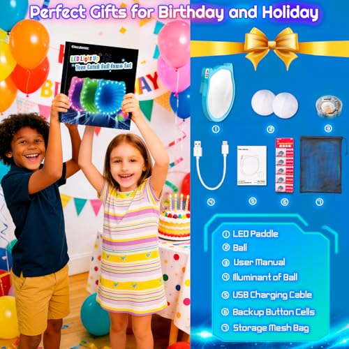 3D LED Light Up Toss Catch Ball Game Set Toys for Back Yard Outdoor Party Favors Glow in Dark Sticky Paddle Baseball Gift Age 3 4 5 6 7 8 9 10 11 12 Years Old Girls Boy Kid Family Adult - color: Pink 2 Paddle 2 Balls
