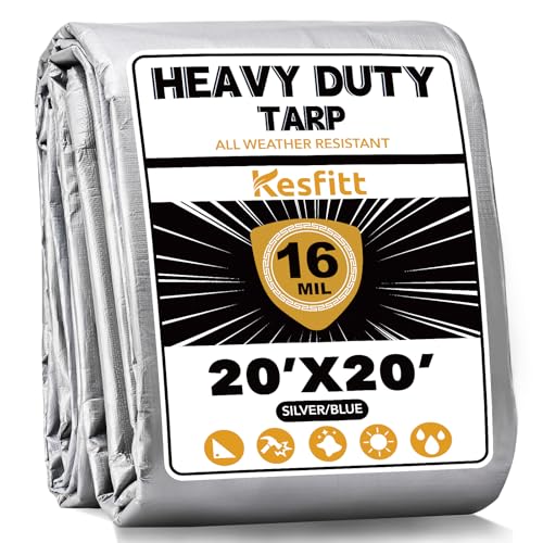Kesfitt 16 Mil Heavy Duty Waterproof Tarp with Metal Grommets, 20x20 ft, Silver & Blue Reversible Poly Tarp for Outdoor Protection, Yard, Worksite, Equipment, Veicles,Pools Coverage - color: 16mil-silver, size: 20x20 ft