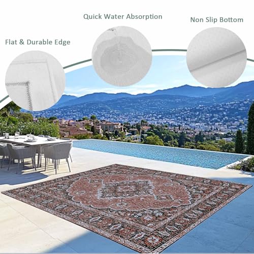 Outdoor Rug 5x8ft, Medieval Boho Abstract Flower Indoor Area Rug for Patio Backyard Deck Large Floor Mat, Vintage Ethnic Geometric Style Non-Slip Outside Carpet Balcony Porch Camping Rugs Picnic Mat - color: Indianred, size: 5' x 8' (Rectangular)