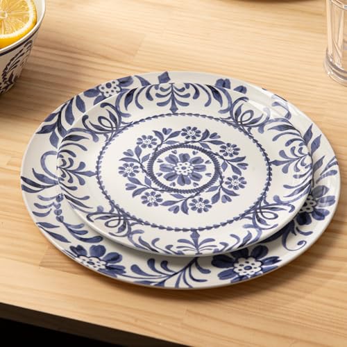 Bzyoo 12-Piece Melamine Dinnerware Set - Indigo Floral | Lightweight, Durable, BPA-Free | Dishwasher Safe Dish Set for Indoor & Outdoor Use - Perfect for Camping, BBQs, Kids Parties - color: Indigo Floral