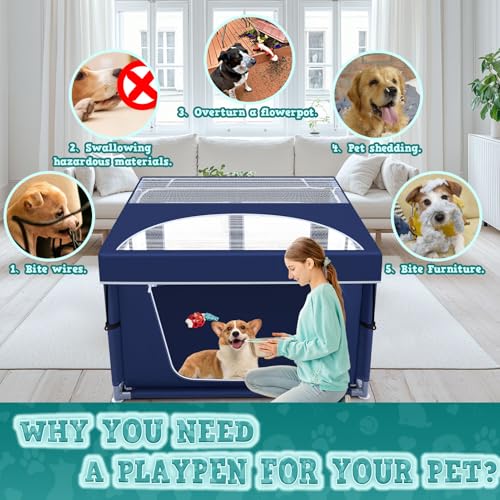XVISHX 42x42 Inch Puppy Playpen with Cover, Dog Playpen for Puppies or Small Dogs, Pet Fence for Indoor & Outdoor, Sturdy Safety DogPen with Thickened Fabric, High-Strength Nylon Wire Mesh, Blue - style: 42x42 IN With Cover