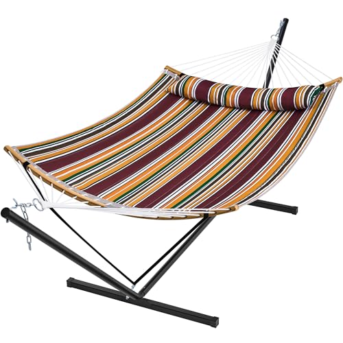 SUPERJARE Hammock with Stand, 2 Person Heavy Duty Hammock Frame, Detachable Pillow & Strong Curved-Bar & Portable Carrying Bag, Perfect for Outdoor & Indoor - Maple-Leaf Red - color: Maple-leaf Red