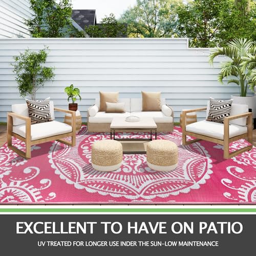 Capslpad Outdoor Rug 8x10 Patio Waterproof Boho Floral Plastic Straw Rug Large Foldable Vintage Outside Carpet with Carry Bag for RV Backyard Balcony Bench Picnic Porch, Pink - color: Pink, size: 8' x 10' (Rectangular)