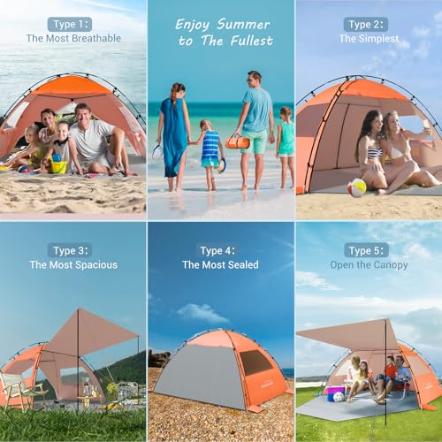 Elegear CumbreX™ Beach Tent Sun Shelter with Canopy, 4-5 Person Pop Up Beach Tent, Easy Setup UPF 50+ UV Protection Portable Lightweight Double Silver Coating Beach Cabana Sun Shade Shelter - Orange - color: Orange, size: 4-5 Person
