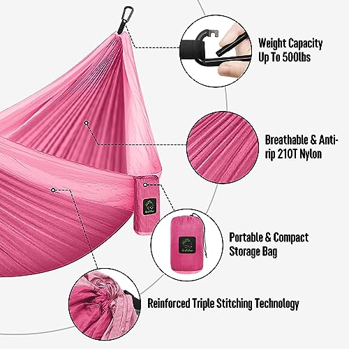 Grassman Camping Hammock Double & Single Portable Hammock with Tree Straps, Lightweight Nylon Parachute Hammocks Camping Accessories Gear for Indoor Outdoor Backpacking, Travel, Hiking, Beach - color: Pink, size: One Person