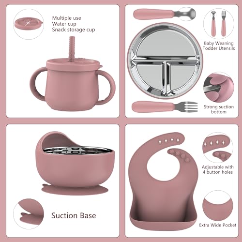 13 Pack Silicone Baby Feeding Set, BPA-Free Stainless Steel Toddler Feeding Supplies, Include Suction Plates, Baby Bowls, Silicone Fork & Spoon, and More, First Stage Baby Dish Set - 6+ Months - color: Pink