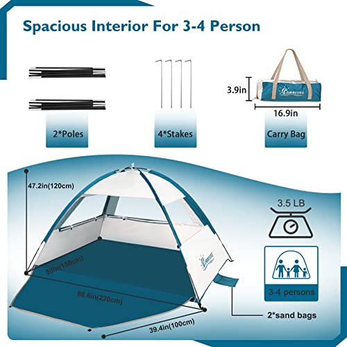 COMMOUDS Beach Tent Sun Shade for 3/4/6/8 Person, UPF 50+ Beach Sun Shelter Canopy Tent, Lightweight, Easy Set Up and Carry - color: Silver, size: 3 Person